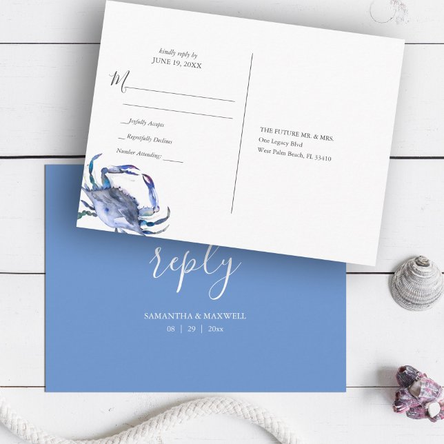 Beach Wedding RSVP Watercolor Blue Crab Postcard (wedding RSVP Postcard Beach  Blue Crab Watercolor art by Victoria Grigaliunas Do Tell A Belle)