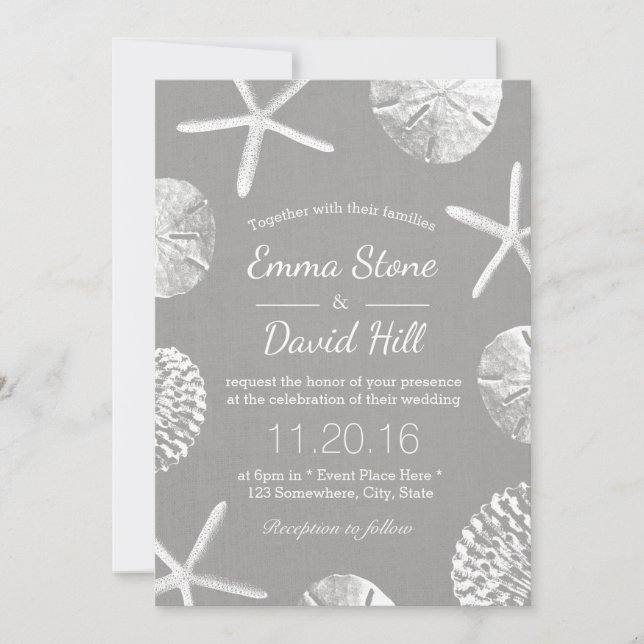 Beach Wedding Rustic Seashells Silver Linen Invitation (Front)