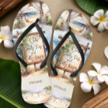 Beach Wedding Salty Toes Sandy Kisses Personalise Jandals<br><div class="desc">Beach scene flip flops personalised with the bride and groom initials and your bridesmaid or guest's name - perfect for favours, bachelorette weekend and weekend destination wedding welcome bags. This charming design features a montage of watercolor scenes of a wooden wedding ceremony pagoda, an oceanfront rustic beach sign and fairy...</div>