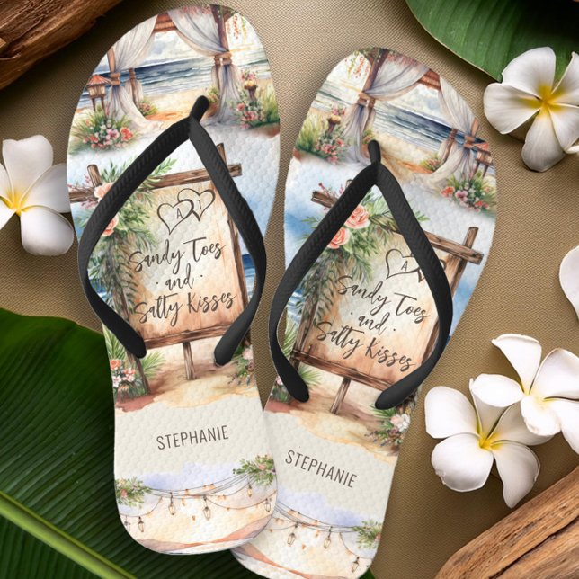 Beach Wedding Salty Toes Sandy Kisses Personalise Jandals (Montage personalized flip flops from the Sunset Beach Wedding Collection by Darling & May)