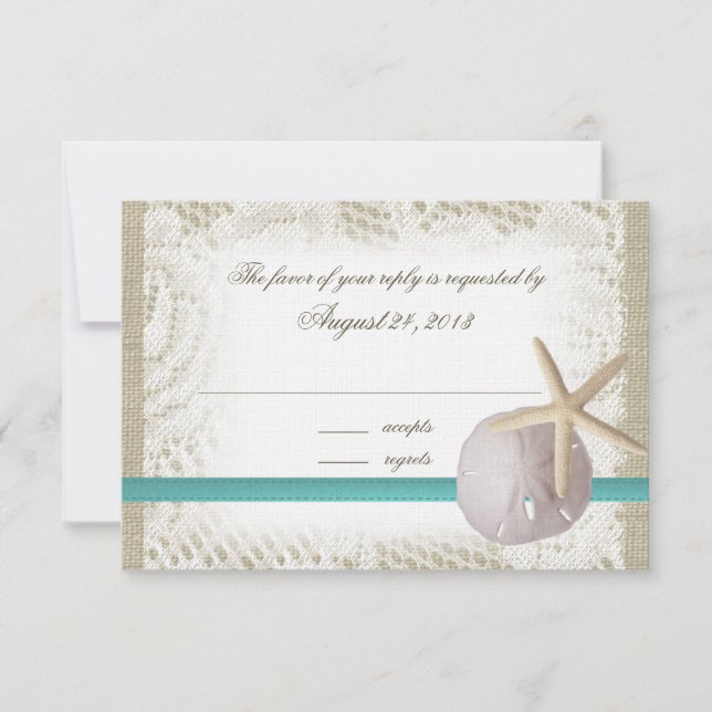 Beach Wedding Sand Dollar and Starfish RSVP Card (Front)