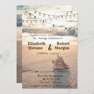 Beach Wedding,Sand, String Lights Seashell Invitation