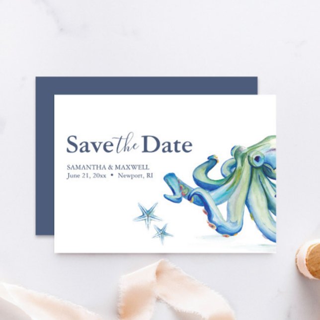 Beach Wedding Save The Date Card Ocean (beach wedding save the date cards watercolor blue octopus by Victoria Grigaliunas of Do Tell A Belle)