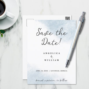 BEACH WEDDING SAVE THE DATE DUSTY BLUE WATERCOLOR POSTCARD