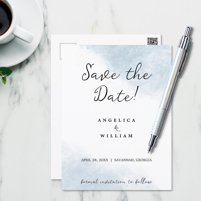 BEACH WEDDING SAVE THE DATE  DUSTY BLUE WATERCOLOR POSTCARD (Creator Uploaded)