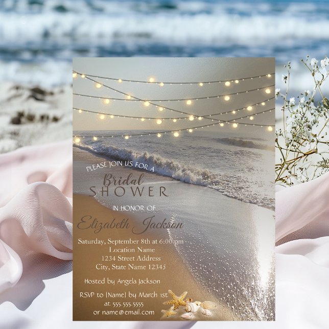 Beach Wedding Seashell String Lights Bridal Shower Invitation (Creator Uploaded)