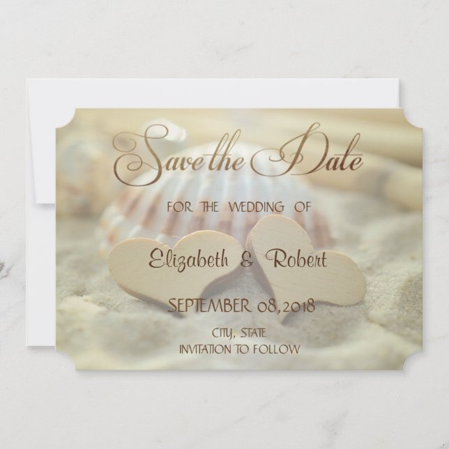 Beach Wedding,Seashell,Wood Hearts  Save The Date (Front)