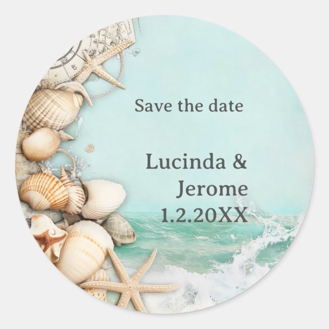 Beach wedding seashells 3 classic round sticker (Front)