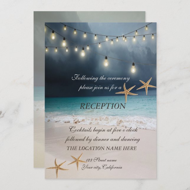 Beach  Wedding, Seastars String Lights  Reception Invitation (Front/Back)