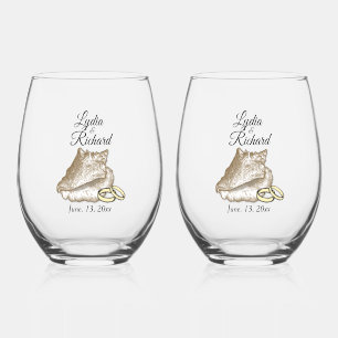  Beach Wedding Shell & Rings Personalised  Stemless Wine Glass