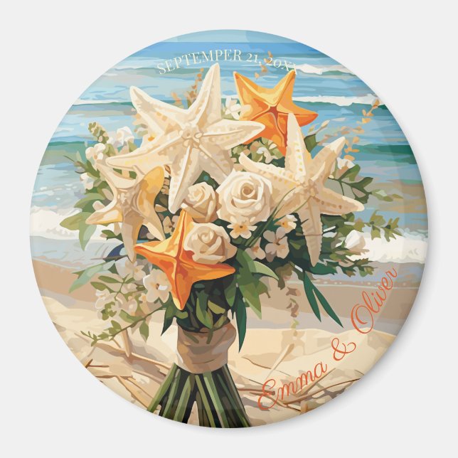 Beach Wedding Starfish Bouquet Magnetic Button Magnet (Front)