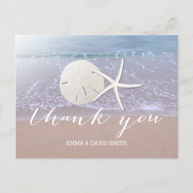 Beach Wedding Starfish & Sand Dollar Thank You Postcard (Front)