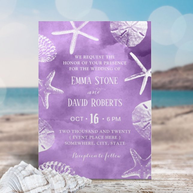 Beach Wedding Starfish Seashell Purple Watercolor Invitation (Creator Uploaded)