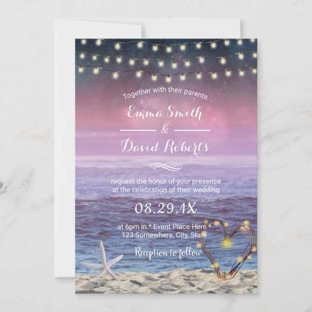 Beach Wedding Starfish String Lights Heart Sunset Invitation (Front)