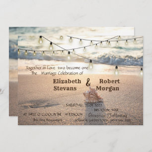Beach Wedding, String Lights,Sand, Seashell Invitation