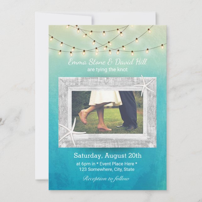Beach Wedding String Lights Watercolor with Photo Invitation (Front)
