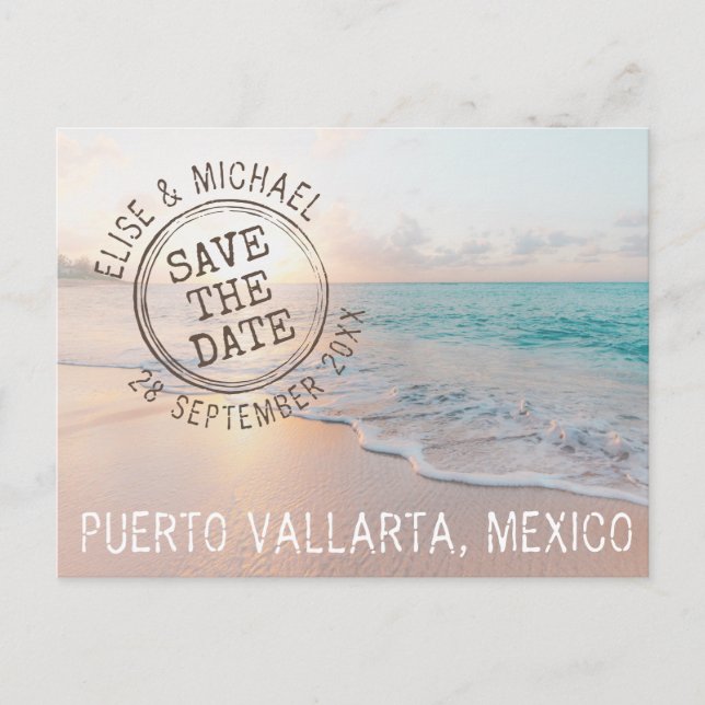 Beach Wedding Sunset Passport Stamp Save the Date Announcement Postcard (Front)