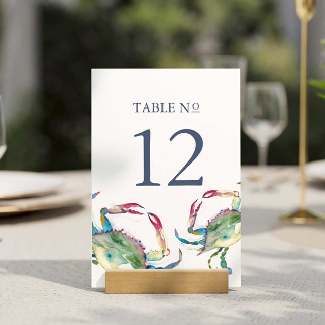 Beach Wedding Table Number Blue Crab (Beach wedding table number watercolor blue crab art by Victoria Griglaliunas of Do Tell A Belle)