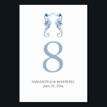 Beach Wedding Table Number Cards Seahorses<br><div class="desc">This beach wedding table number card features a watercolor seahorses in shades of dusty blue with the bride and groom's names and wedding date. Use the template fields to add your custom details. To see more wedding table decoration ideas like this visit www.zazzle.com/dotellabelle Unique watercolor art by Victoria Grigaliunas of...</div>