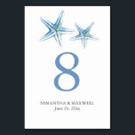 Beach Wedding Table Number Cards Starfish<br><div class="desc">This beach wedding table number card features a watercolor starfish in shades of blue with the bride and groom's names and wedding date. Use the template fields to add your custom details. To see more wedding table decoration ideas like this visit www.zazzle.com/dotellabelle Unique watercolor art by Victoria Grigaliunas of Do...</div>
