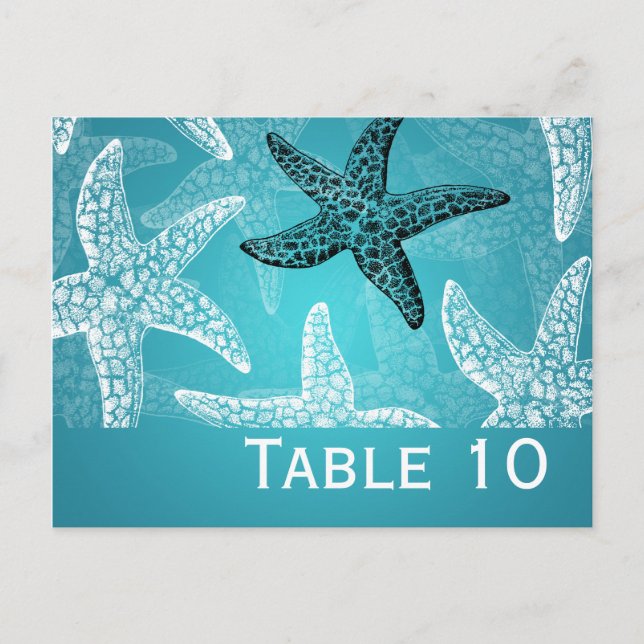 Beach Wedding Table Number Starfish Blue Postcard (Front)