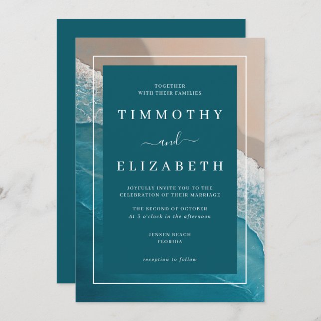 Beach Wedding Teal Blue Ocean Sand Wedding Invitation (Front/Back)