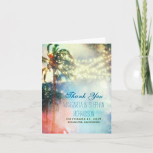 beach wedding thank you card with lights & palms
