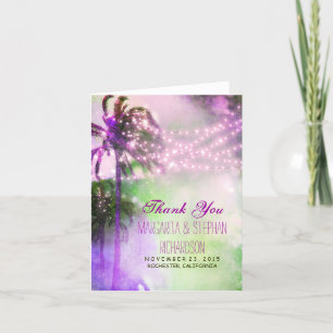 beach wedding thank you card with lights & palms