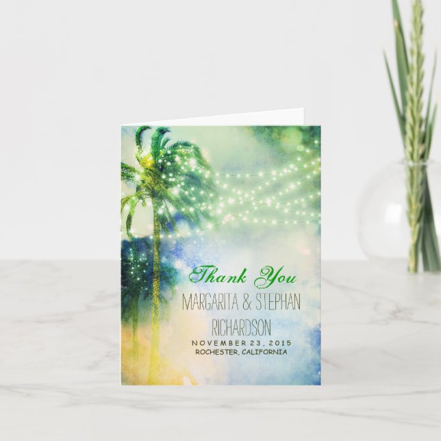 beach wedding thank you card with lights & palms (Front)