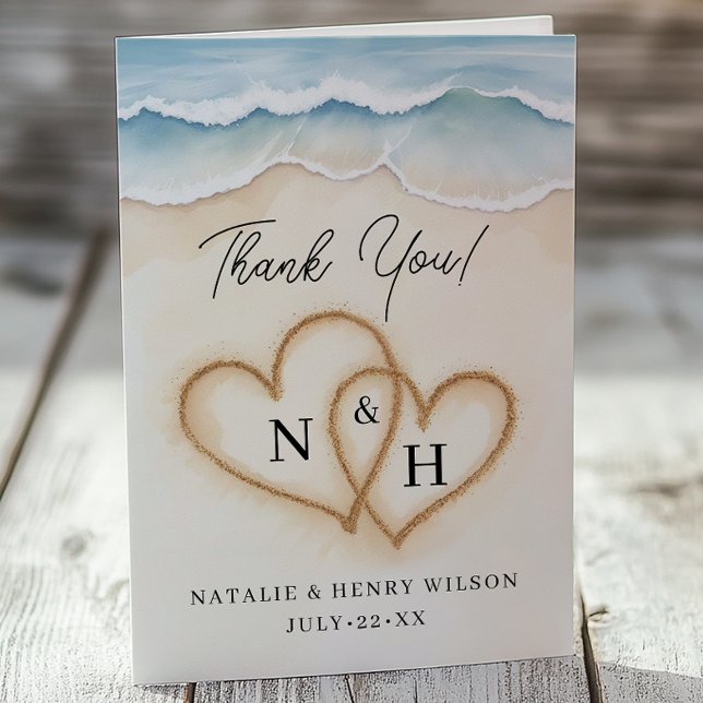 Beach Wedding Thank You Card with Sand Hearts (Thank you Card)