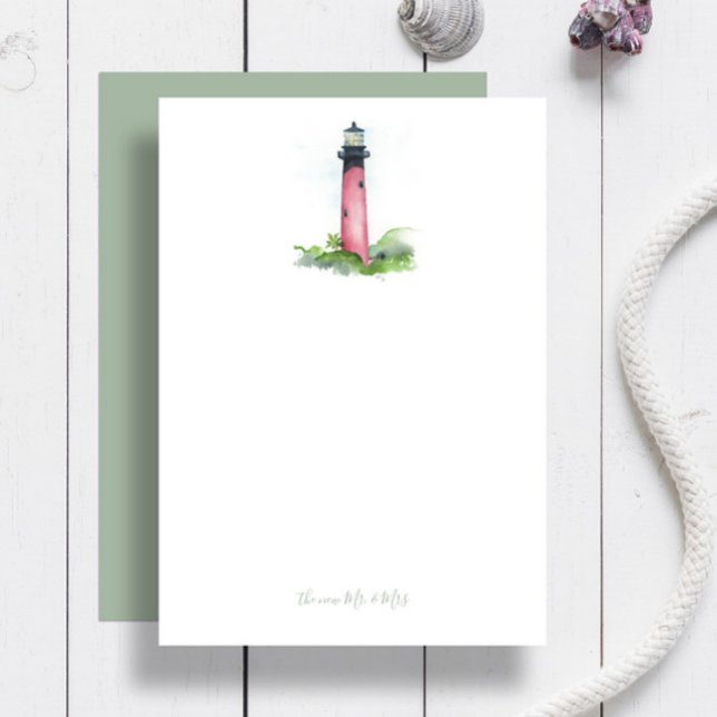 Beach Wedding Thank You Cards Lighthouse (Jupiter lighthouse personalized notecards feature watercolor art by Victoria Grigaliunas)
