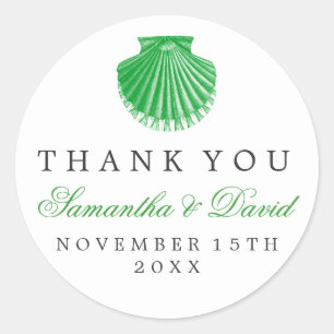Beach Wedding Thank You Scallop Shell Green Classic Round Sticker