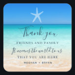 Beach Wedding Thank You Square Sticker<br><div class="desc">Our beach wedding thank you sticker is the perfect way to thank your guests for sharing in your special day. Featuring a beautiful starfish and ocean design, this sticker adds a touch of coastal charm to your wedding favours. The elegant text design adds a personalised touch to show your appreciation....</div>