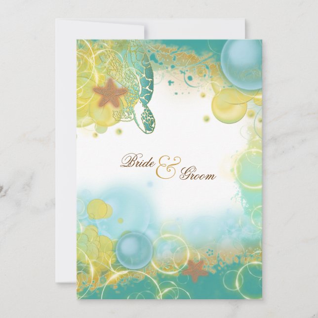 Beach wedding theme ~ turtles & starfish 5x7 invitation (Front)