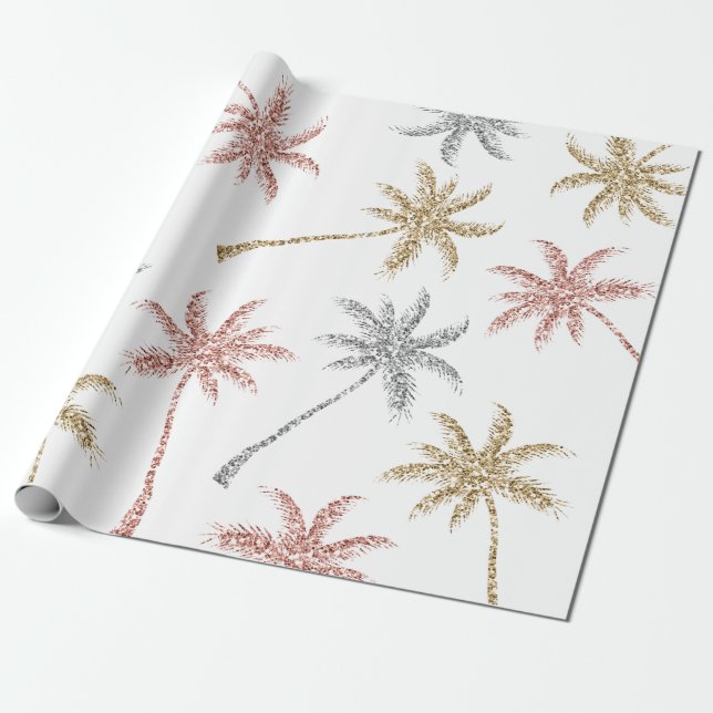 Beach Wedding Tri Gold Marble Palm Tree Leaves Wrapping Paper (Unrolled)