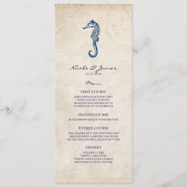 Beach Wedding Vintage Blue Seahorse Menu (Front)