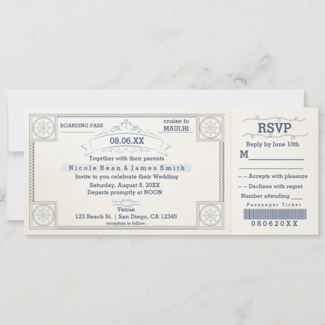Beach Wedding Vintage Boarding Ticket Invitations (Front)