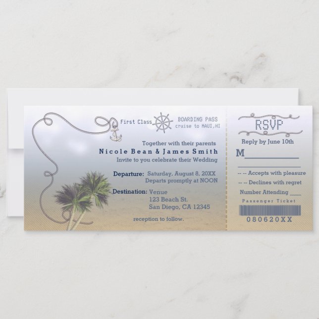 Beach Wedding Vintage Boarding Ticket Invitations. Invitation (Front)