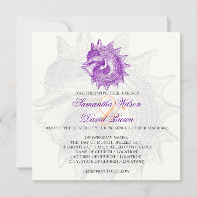 Beach Wedding Vintage Mollusk Shell Purple Invitation (Front)