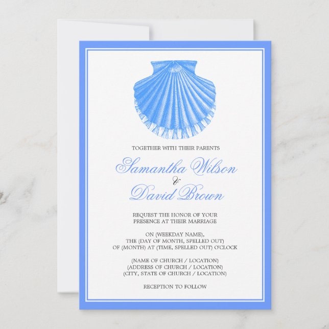 Beach Wedding Vintage Scallop Shell Blue Invitation (Front)