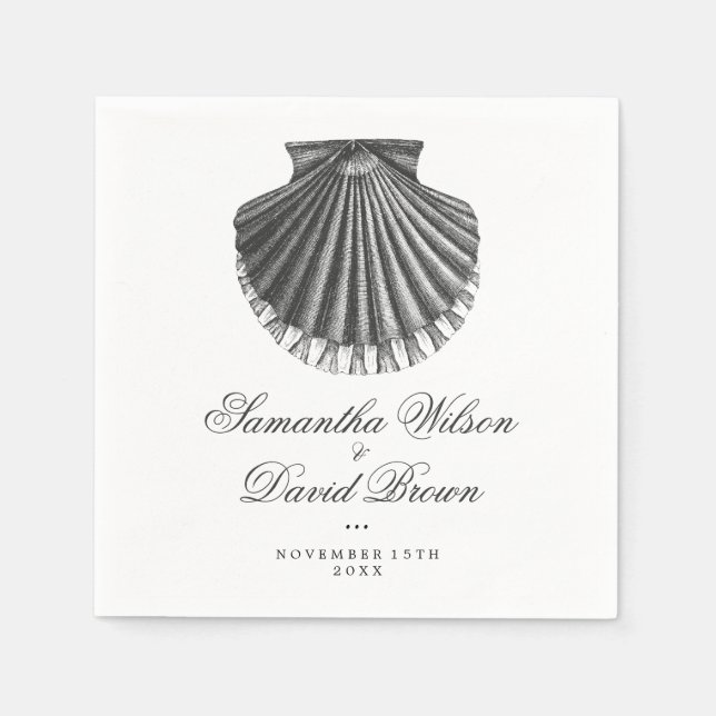 Beach Wedding Vintage Scallop Shell Charcoal Napkin (Front)