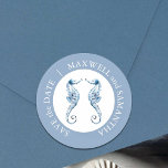 Beach Wedding Watercolor Seahorses Blue Classic Round Sticker<br><div class="desc">Designed to coordinate with my Classic Seaside Watercolor theme,  this sticker features watercolor sea horses in shades of coastal blue. Customise with your names,  save the date,  or whatever you like in white over a dusty blue background. Use as an envelope seal,  favour labels or personalised gift tags.</div>
