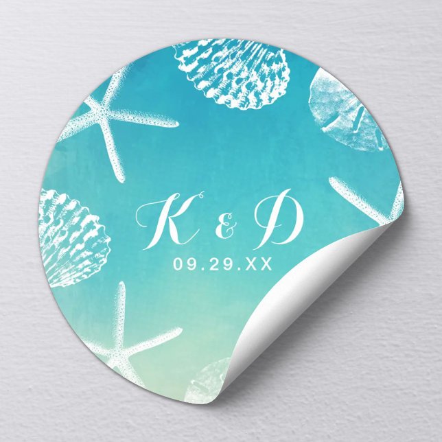 Beach Wedding Watercolor Seashells Wedding Favour Classic Round Sticker (Creator Uploaded)