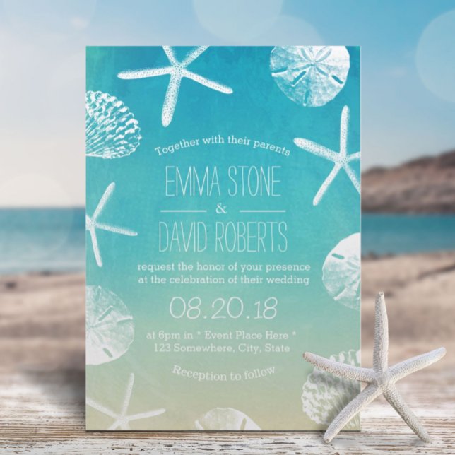 Beach Wedding Watercolor Starfish & Seashells Invitation (Creator Uploaded)