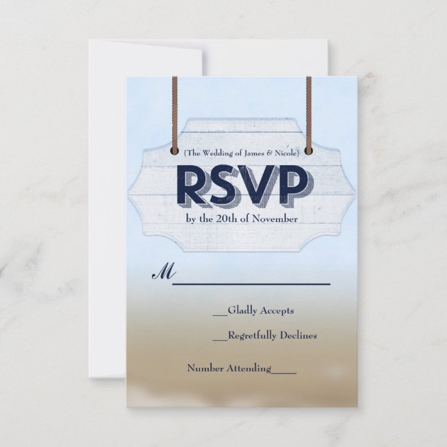 Beach Wedding White Wood Sign RSVP Response Card (Front)