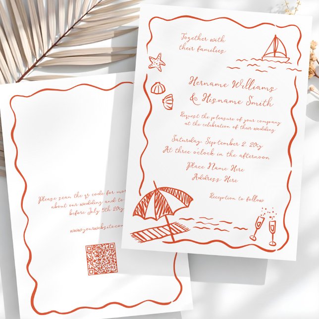 Beach Whimsical Red Hand Drawn QR RSVP Wedding Invitation (Creator Uploaded)