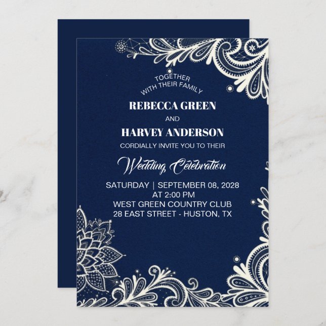 beach white lace navy blue nautical wedding invitation (Front/Back)