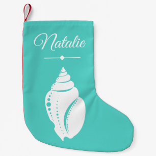 Beach White Seashell Ocean Green & Name Small Christmas Stocking