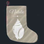 Beach White Seashell Sand Dunes & Name<br><div class="desc">Elegant white seashell silhouette and sand dunes Christmas stocking with custom name in white script.</div>