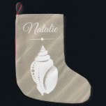 Beach White Seashell Sand Dunes & Name Small Christmas Stocking<br><div class="desc">Elegant white seashell silhouette and sand dunes Christmas stocking with custom name in white script.</div>